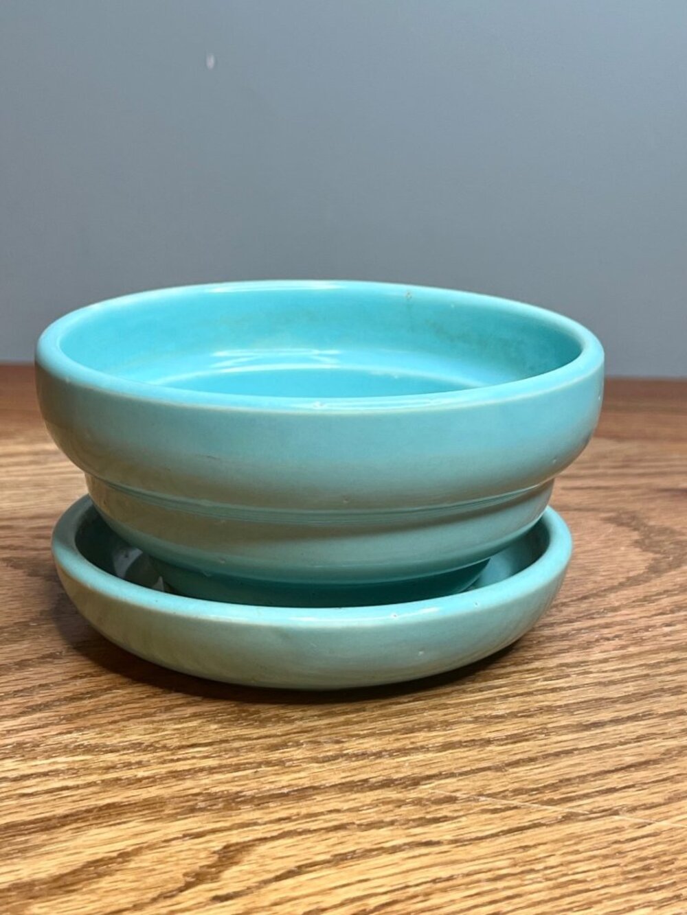 Vintage McCoy Small Teal, Aqua, Turquoise, Robin's Egg Blue Ringed MCM Flower Po
